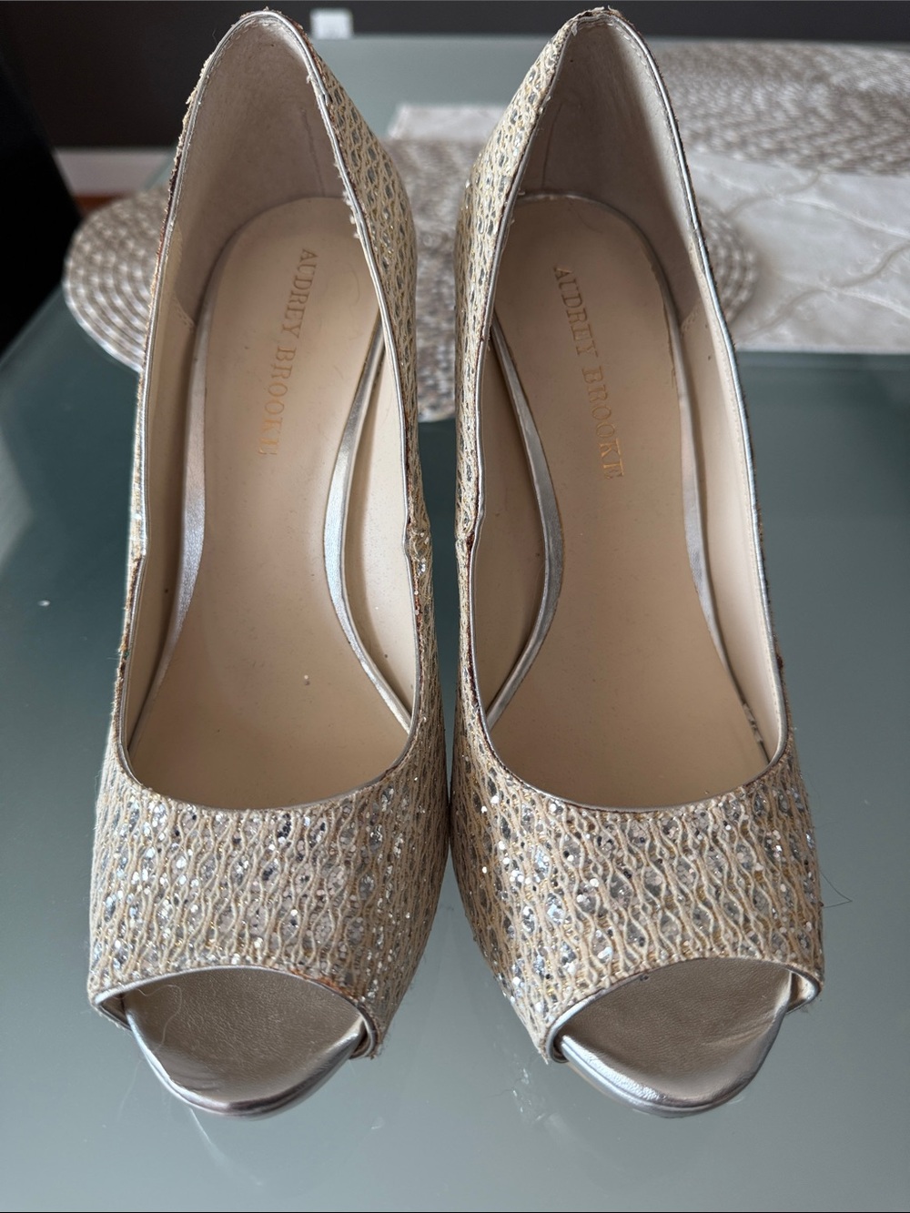 Audrey Brooke Gold Woven Open-Toe Pumps